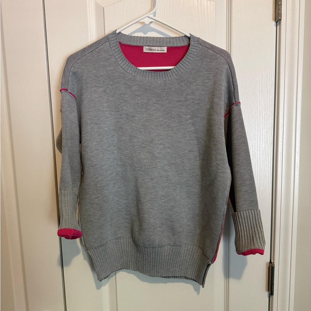 Zenana Gray and Pink Crew Neck Sweater